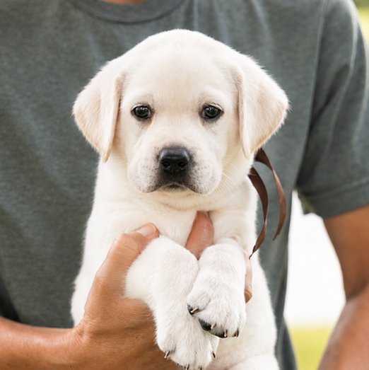 Cute Labrador puppy held by a person wearing a gray shirt.